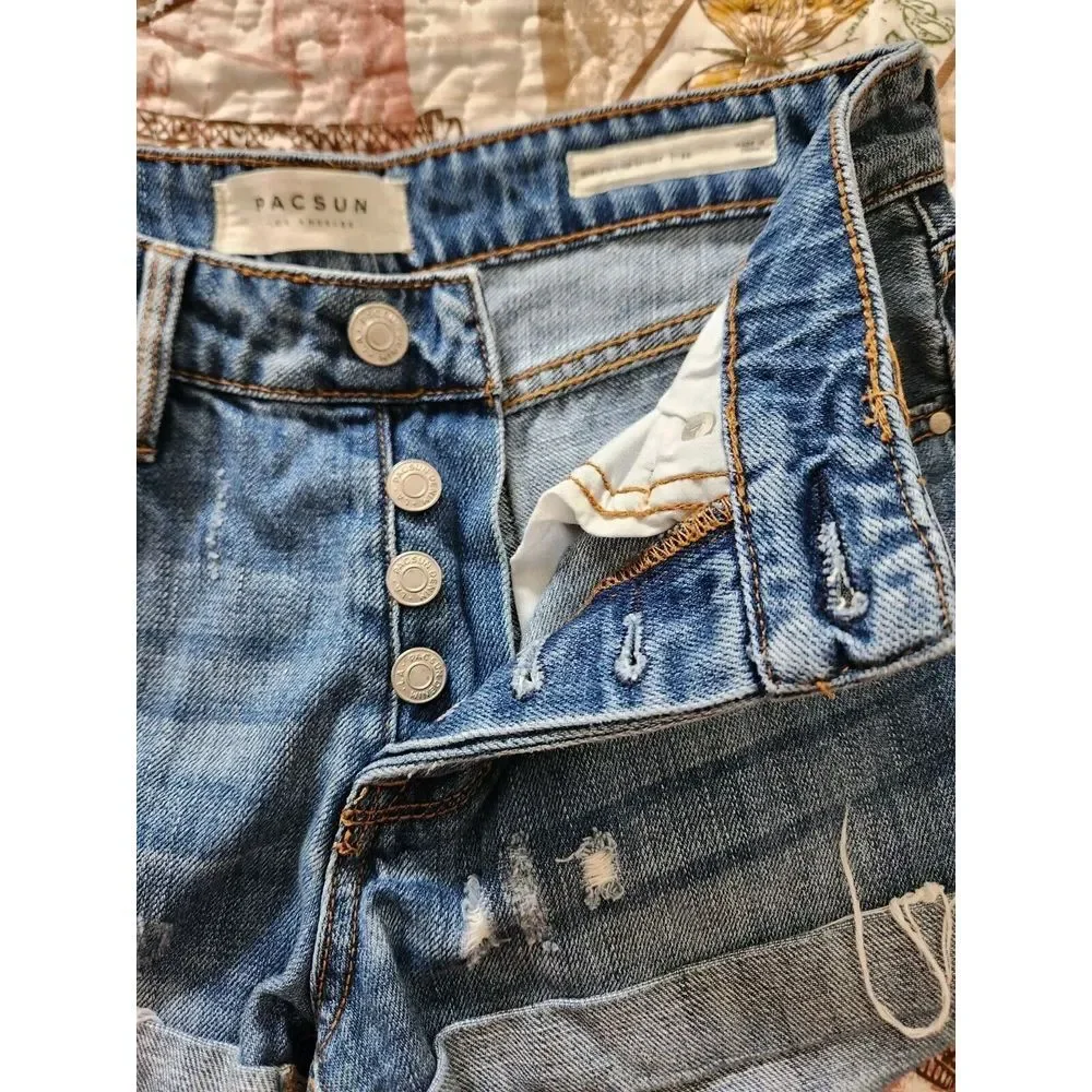 Pacsun Women's Distressed Girlfriend Shorts  Blue Denim‎ Cotton Size 23